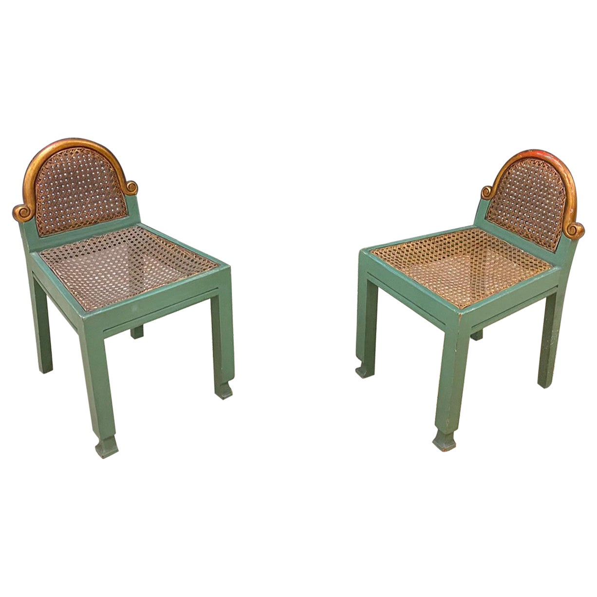 Pair of Small Modernist Chairs in Lacquered Beech and Cane, Belgium circa 1925