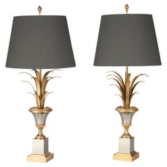Pair of Hollywood Regency Chrome Maison Charles Style Table Lamp Palm Leaves