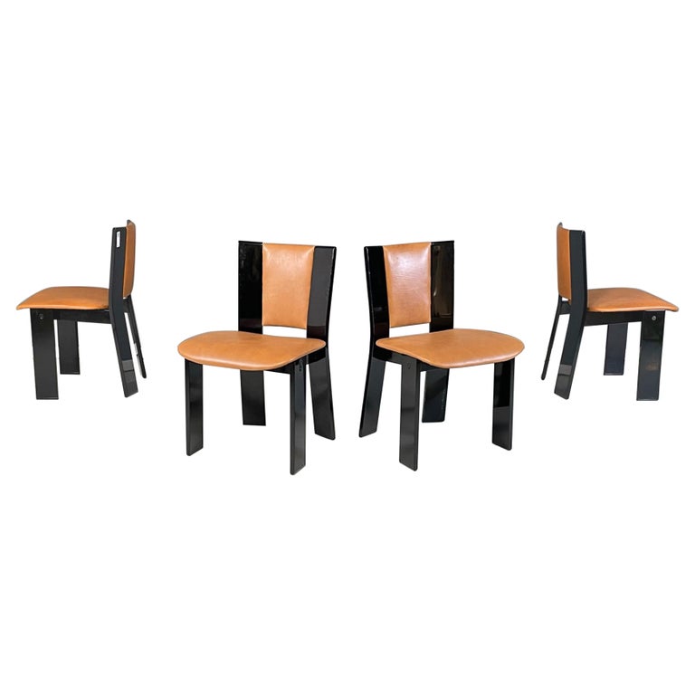 Italian Modern Black Lacquered Brown Leather Chairs Acerbis