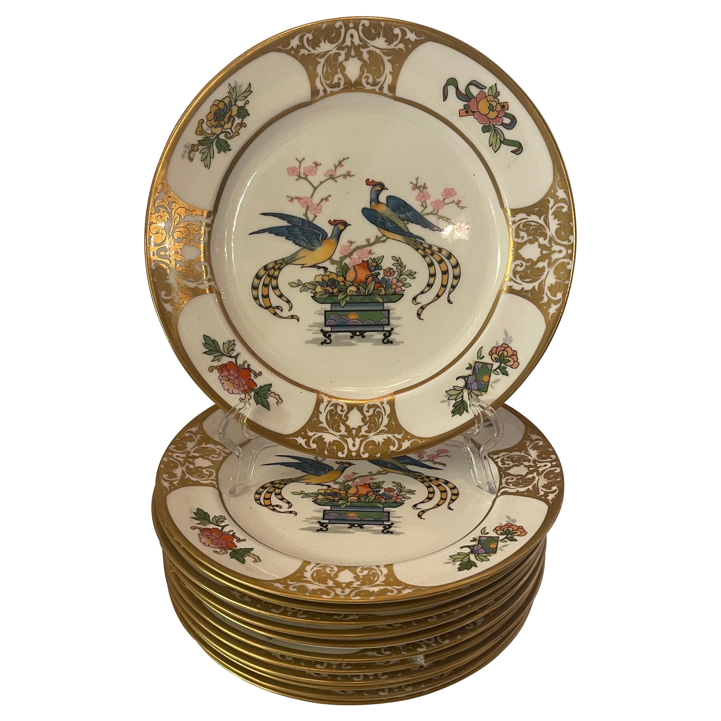 Merveilleux service 12 assiettes à dessert en porcelaine peintes à la main de style chinoiseries en vente