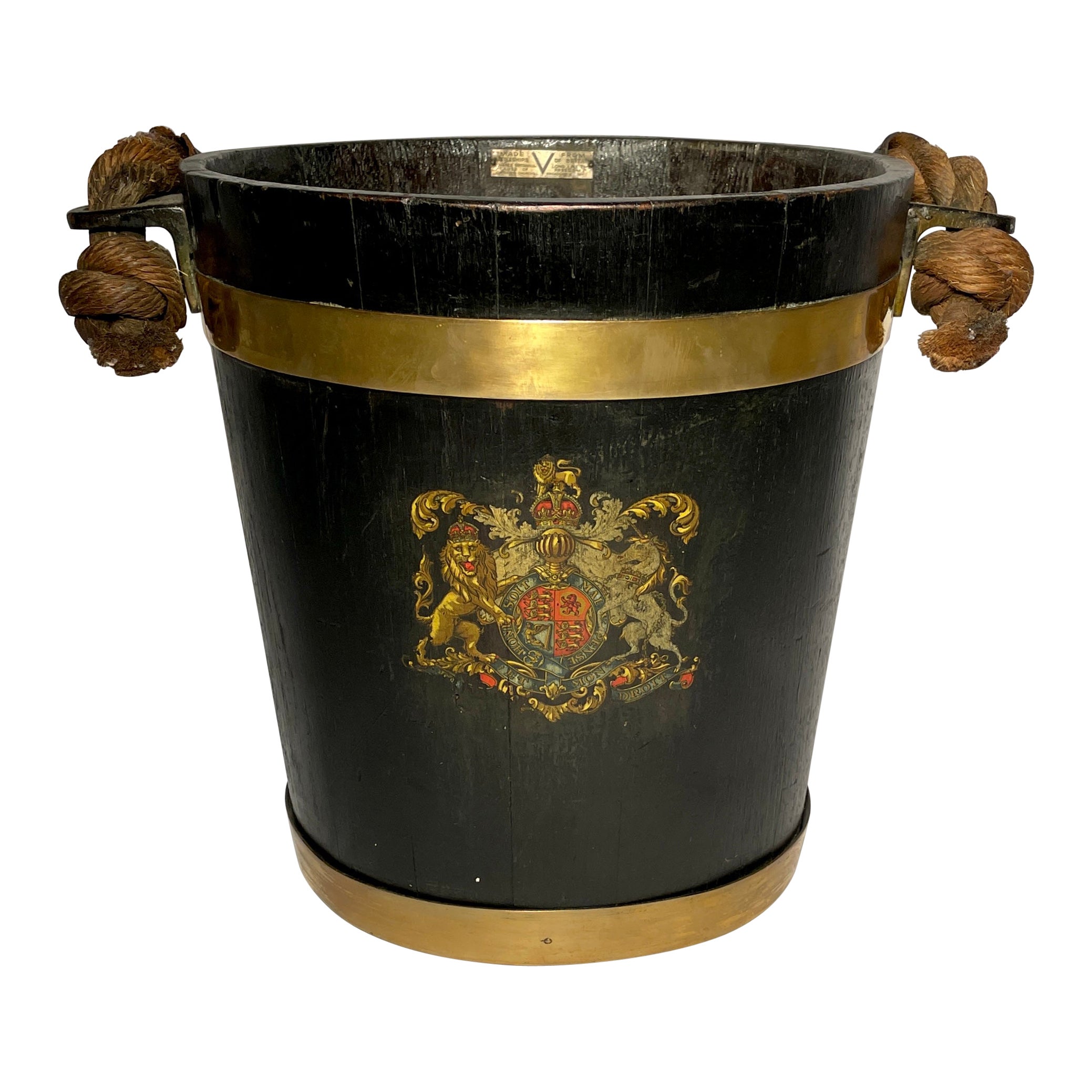 Antique English Oak and Brass Fire Bucket, City of London, circa 1840 For Sale