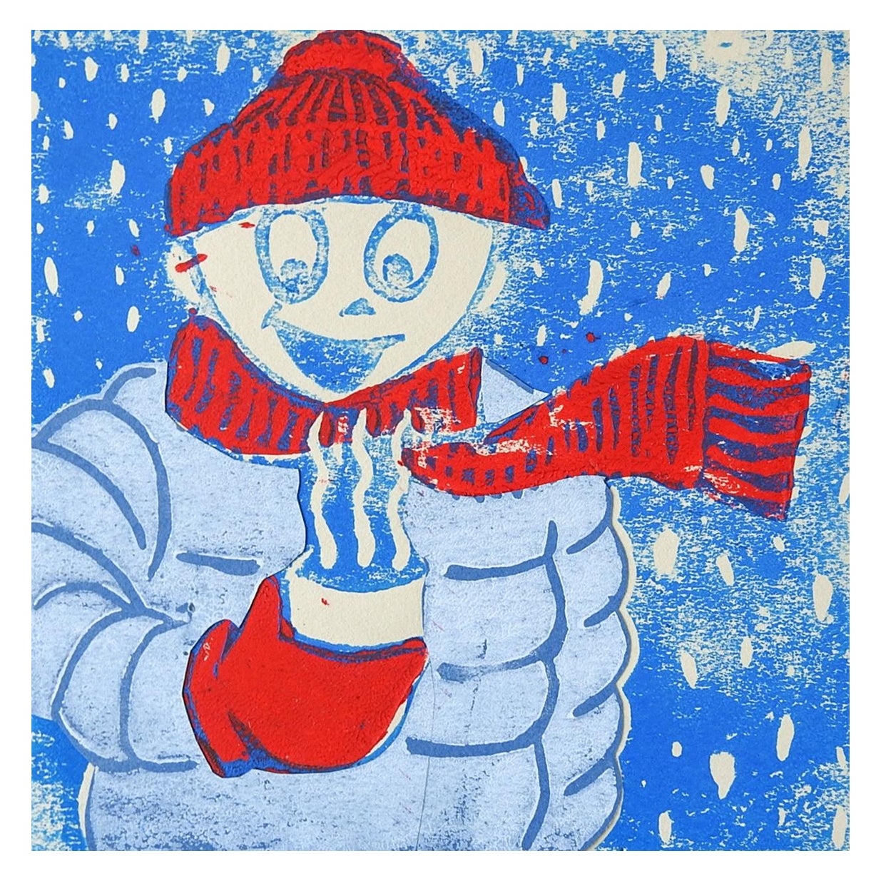 Winterfigur und heiße Schokoladen- Serigraphie in Rot und Blau