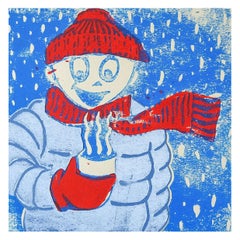 Winter Figure & Hot Chocolate Serigraph in Red & Blue