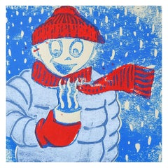 Winterfigur und heiße Schokoladen- Serigraphie in Rot und Blau