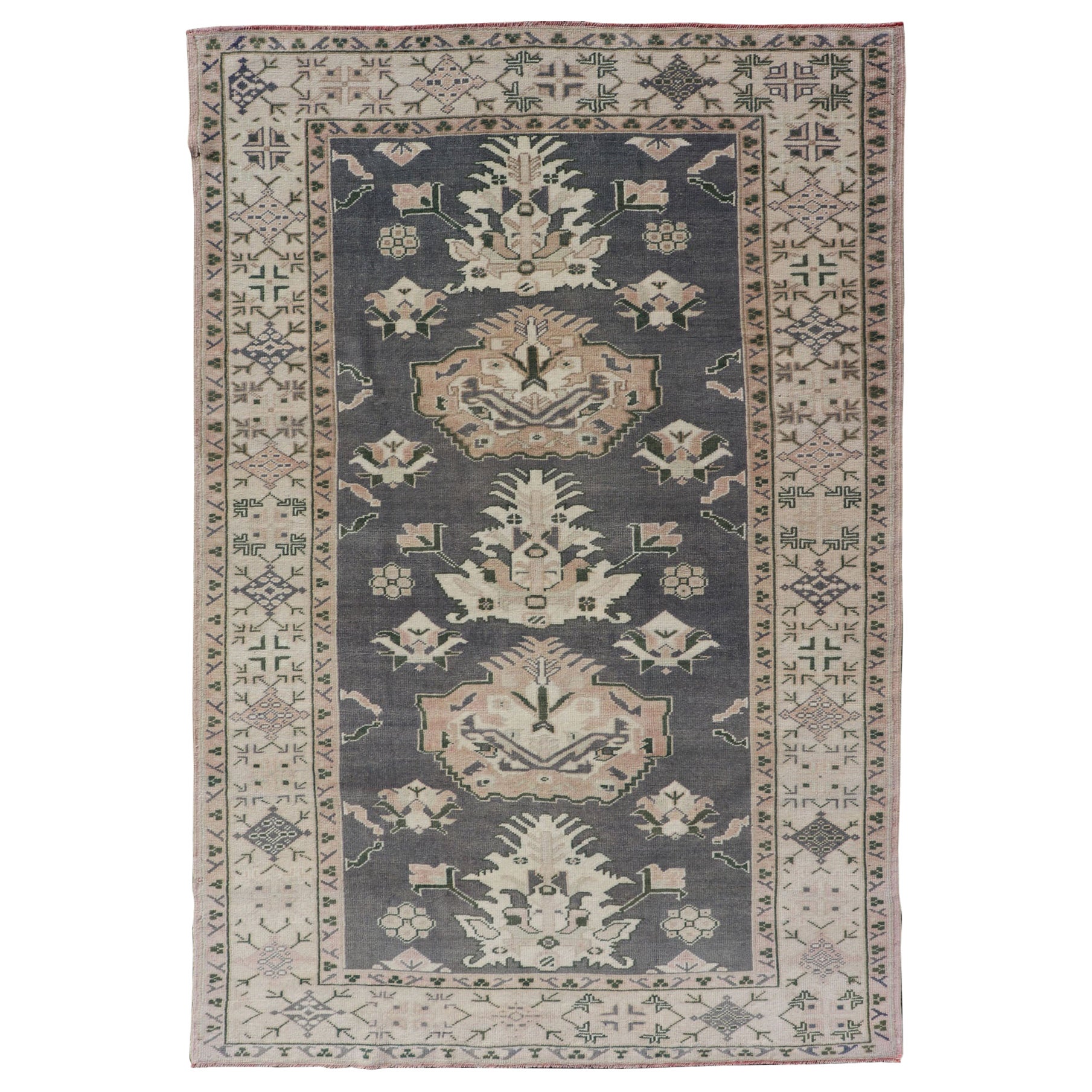 Turkish Oushak Rug Vintage with Three Floral Medallion Design In Blue and Cream For Sale