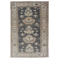 Turkish Oushak Rug Vintage with Three Floral Medallion Design In Blue and Cream