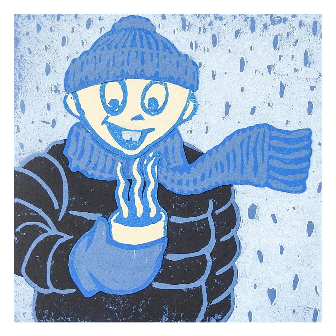 Winterfigur und heiße Schokoladen- Serigraphie in Blau und Schwarz im Angebot