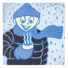 Vintage Winter Figure & Hot Chocolate Serigraph in Blue & Black