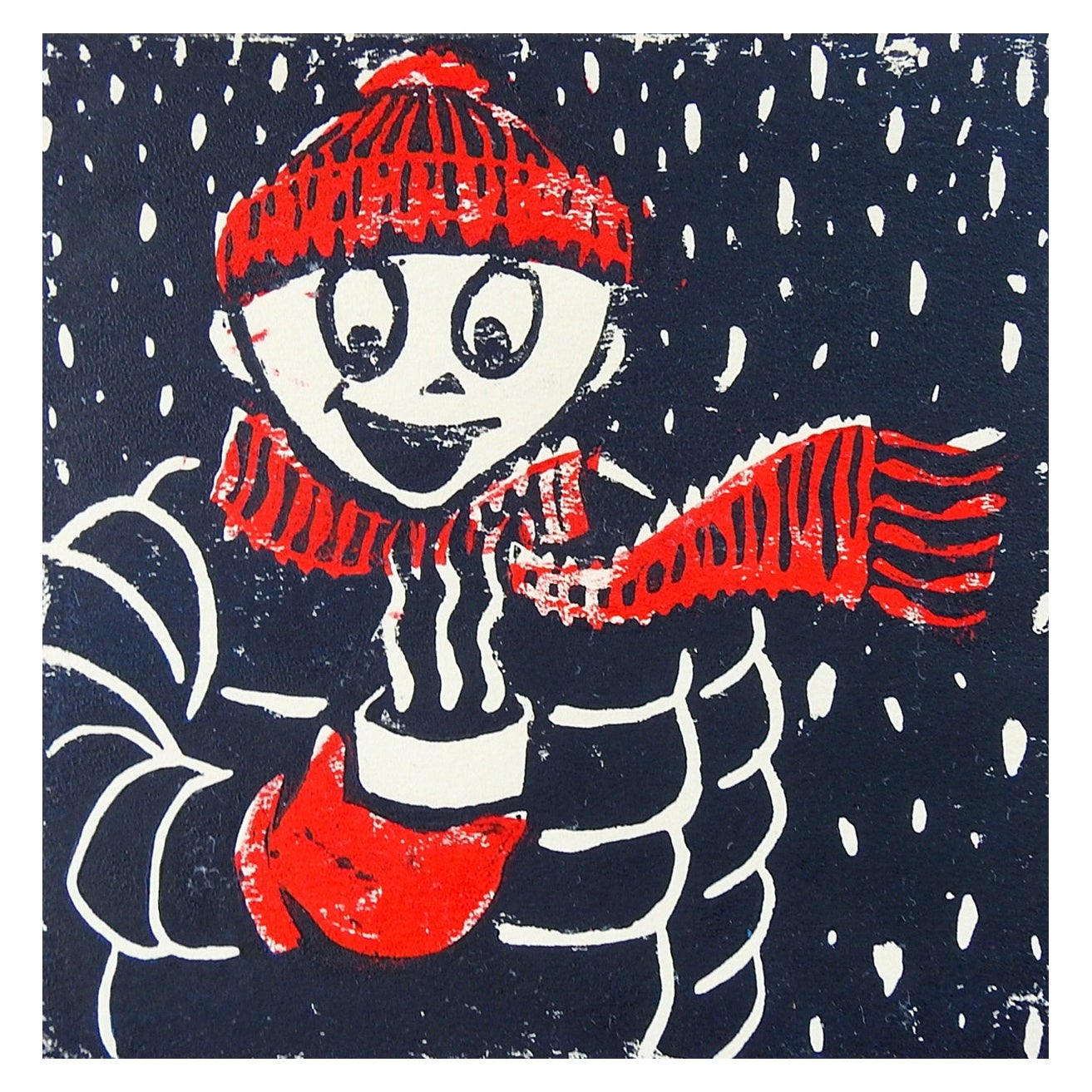 Winterfigur und heiße Schokoladen- Serigraphie in Rot und Schwarz