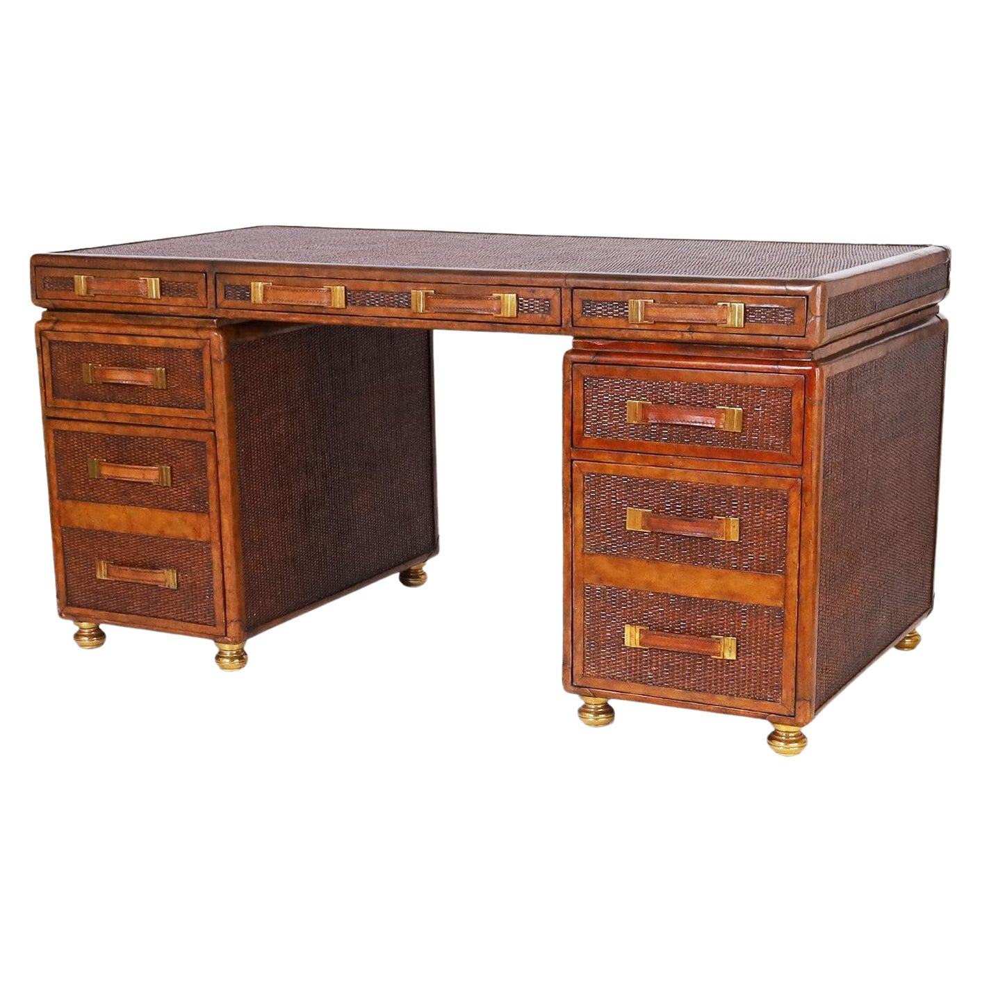 British Colonial Style Grasscloth and Mahogany Desk For Sale