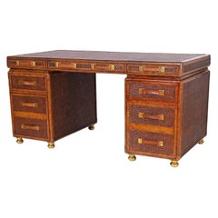 British Colonial Style Grasscloth and Mahogany Desk