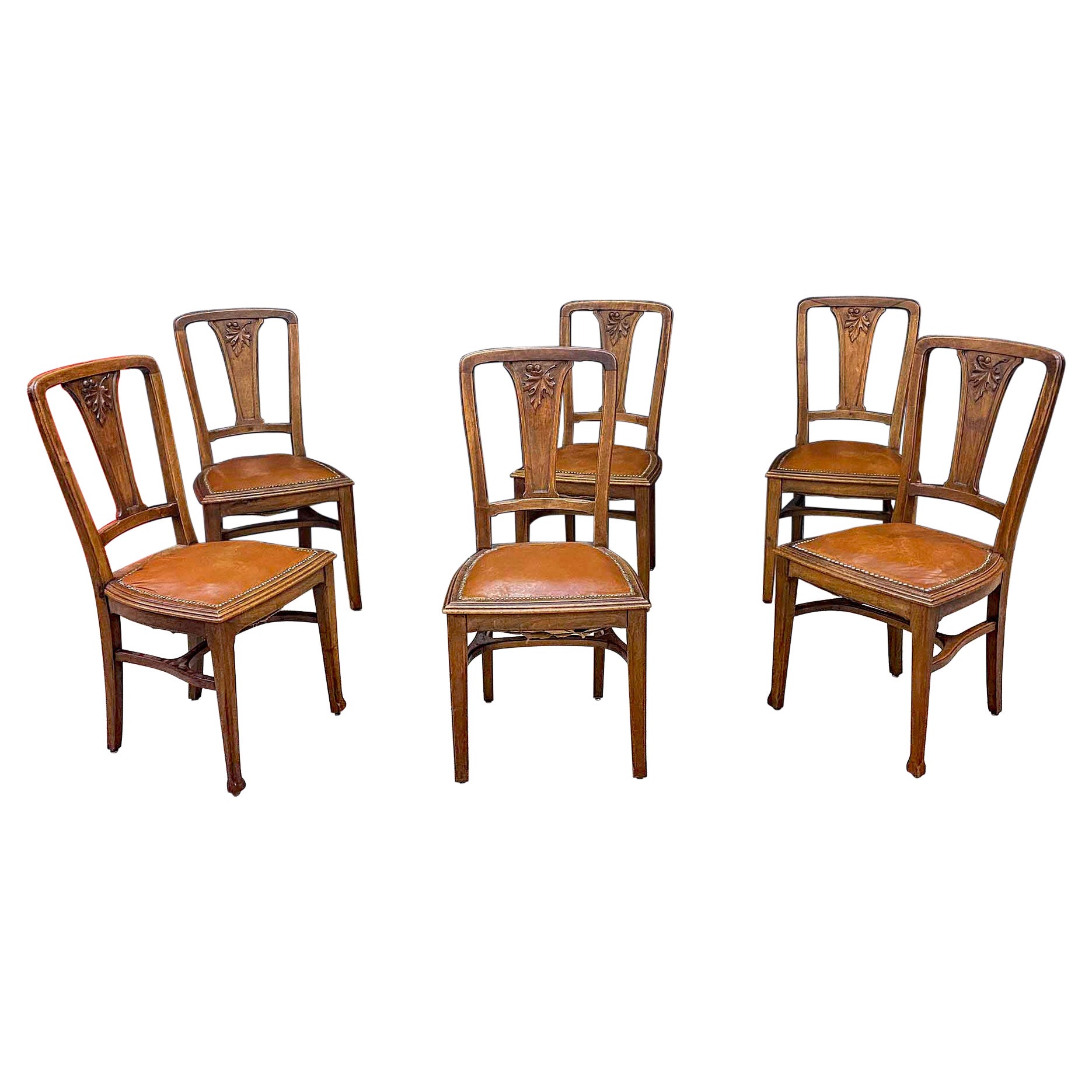 Attributed to Gauthier-Poinsignon & Cie, 6 Art Nouveau Chairs Leather Seats For Sale