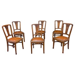 Antique Attributed to Gauthier-Poinsignon & Cie, 6 Art Nouveau Chairs Leather Seats