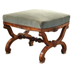 19th Century French Dagobert Carved Walnut Curule Stool with Green Velvet