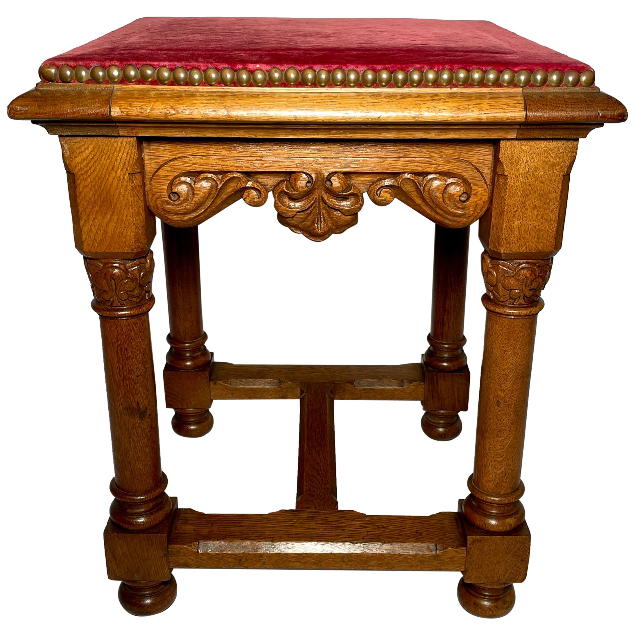 Antique French Carved Oak Stool, circa 1900 For Sale