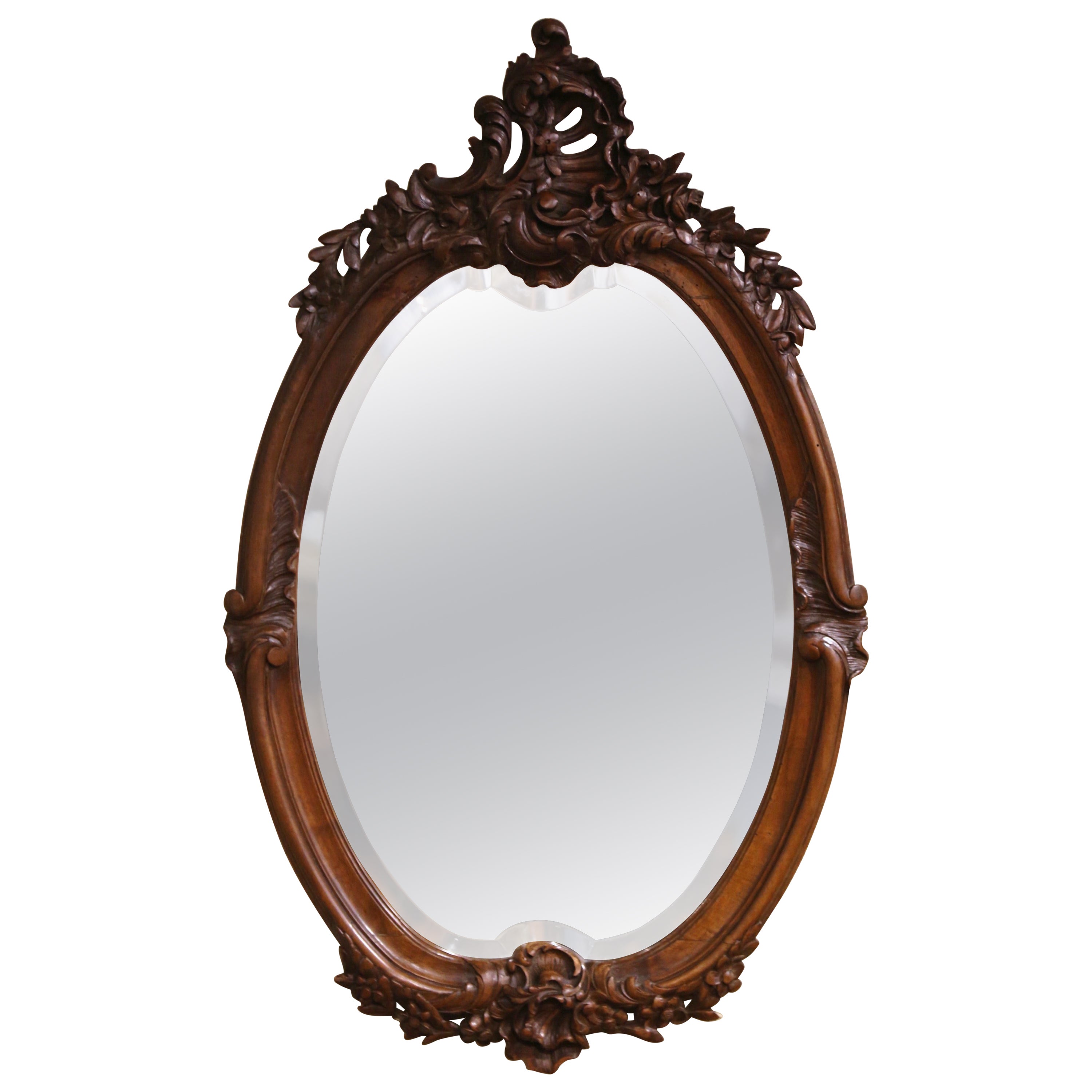 19th Century French Louis XV Hand Carved Walnut and Beveled Glass Oval Mirror For Sale