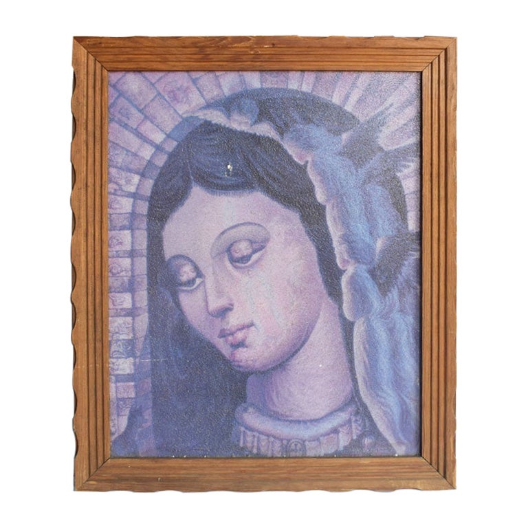 Framed Virgin Mary Print with Carved Wood Frame, Mexico For Sale