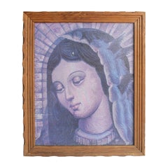 Vintage Framed Virgin Mary Print with Carved Wood Frame, Mexico