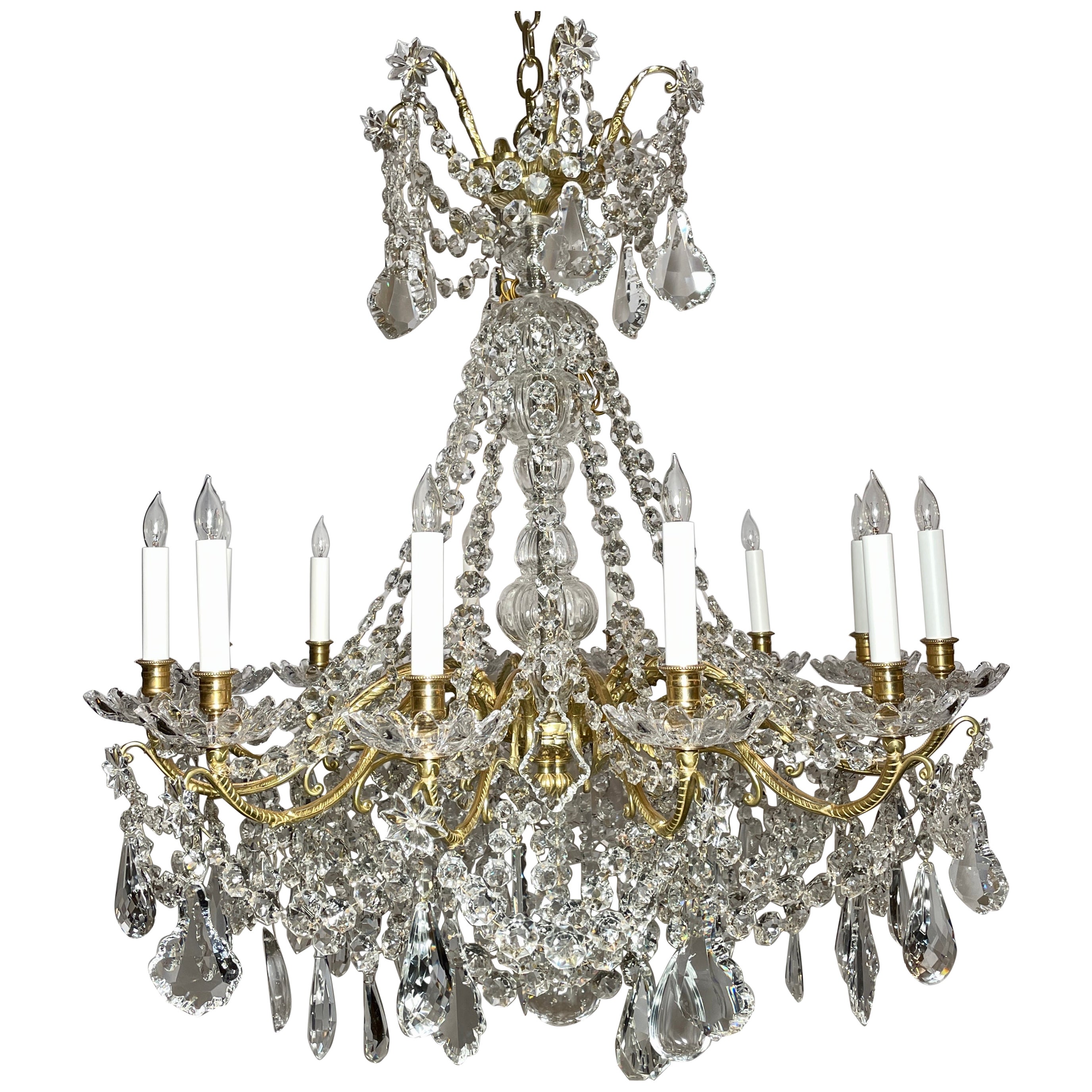 Antique French Cut Crystal and Gold Bronze 12-Light Chandelier, Circa 1890. For Sale