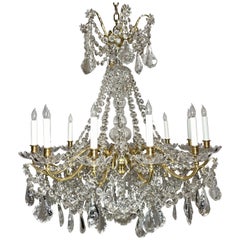 Antique French Cut Crystal and Gold Bronze 12-Light Chandelier, Circa 1890.