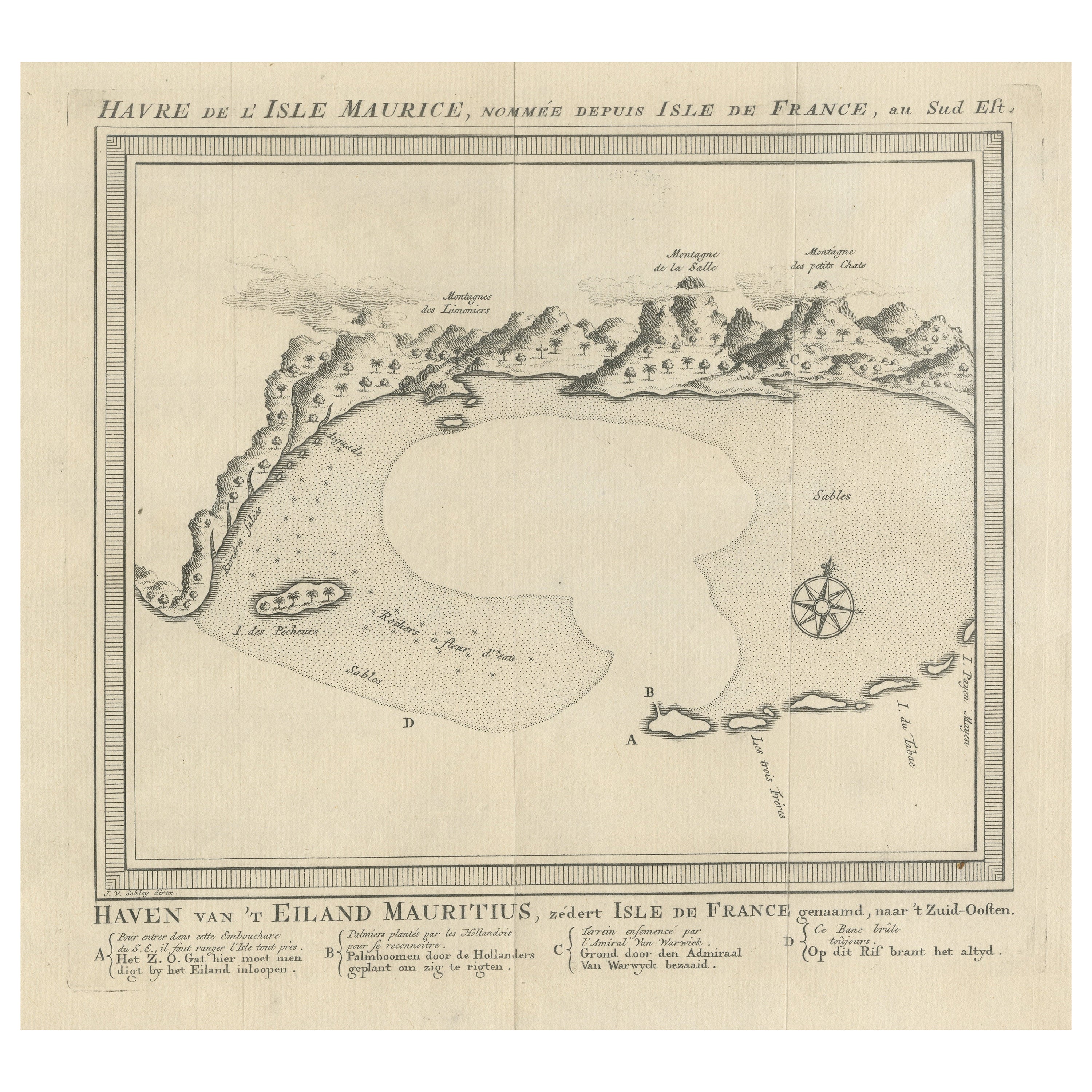 Original Antique Print of the Bay of the Island Mauritius, Indian Ocean For Sale