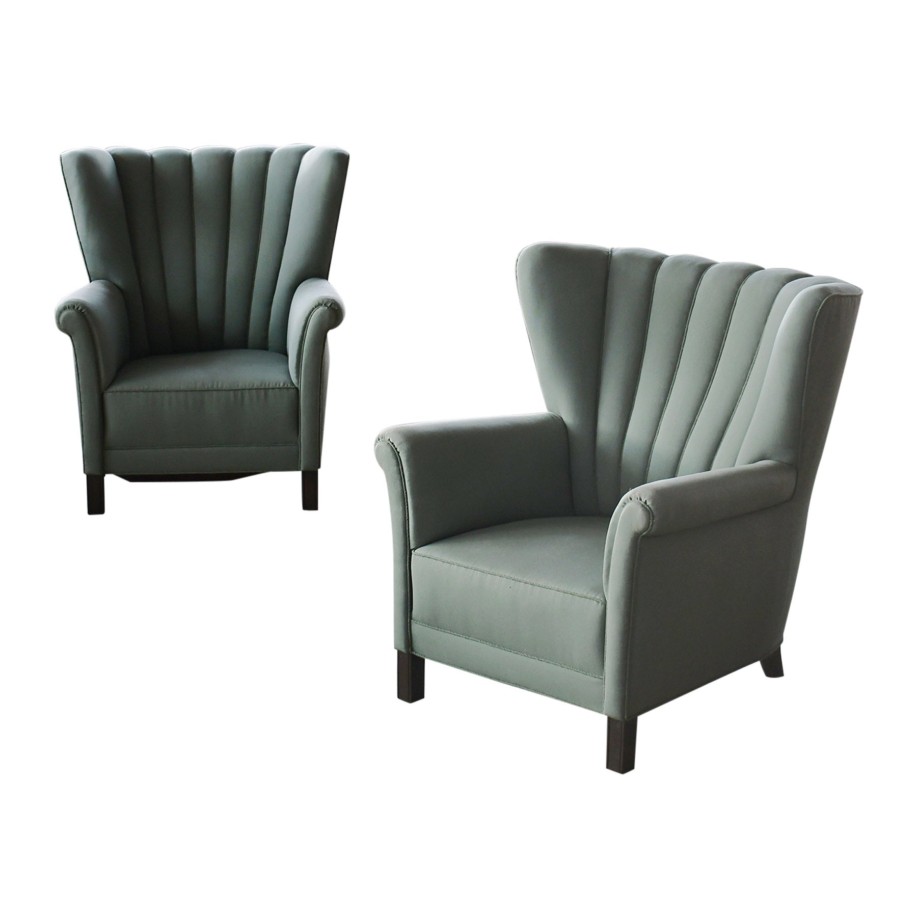 Pair of Danish 1940s Channel Back Club Chairs Attributed to Fritz Hansen  For Sale