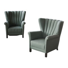 Pair of Danish 1940s Channelback Club Chairs Attributed to Fritz Hansen 'v'