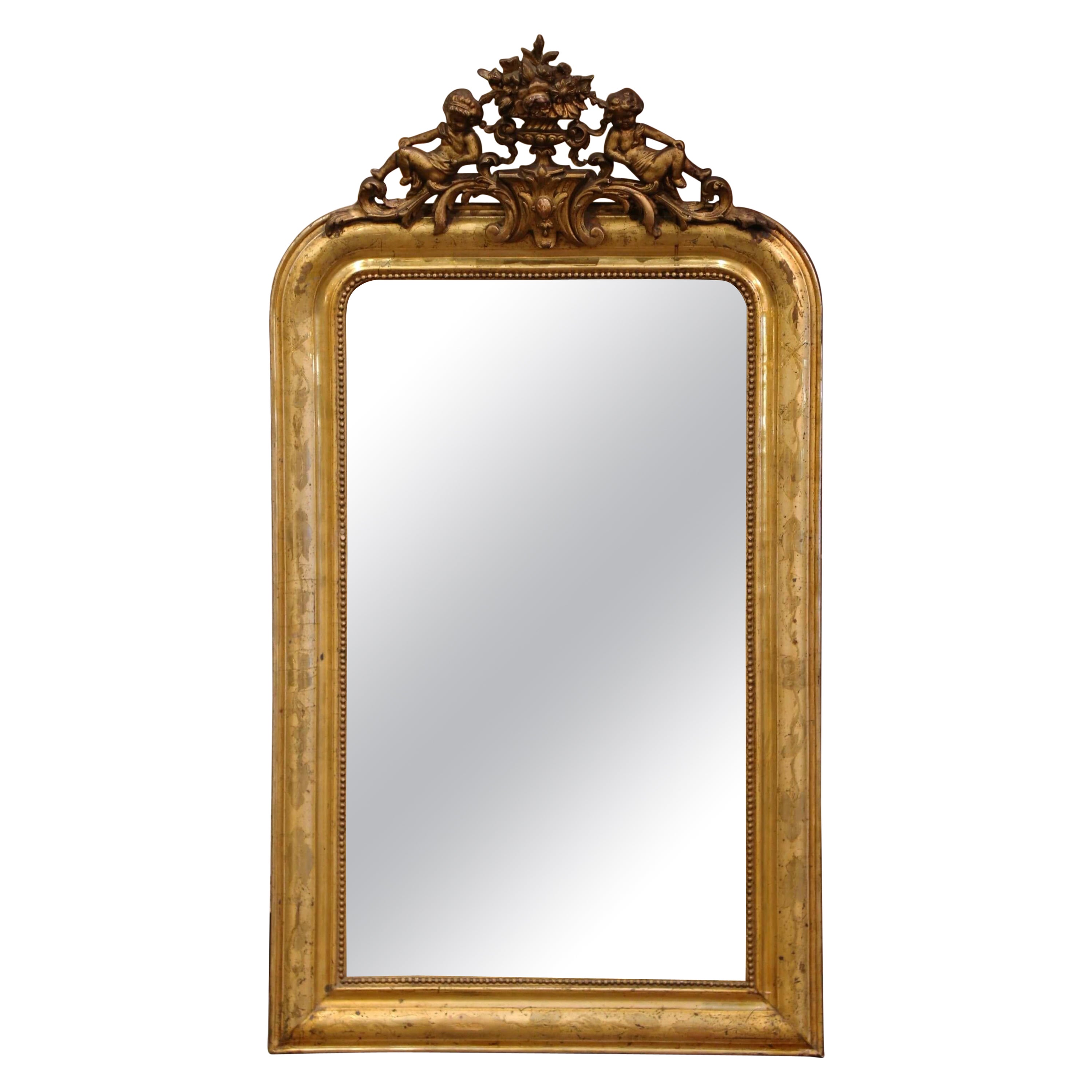 19th Century Louis Philippe Carved Giltwood Mirror with Cherub and Floral Motifs For Sale