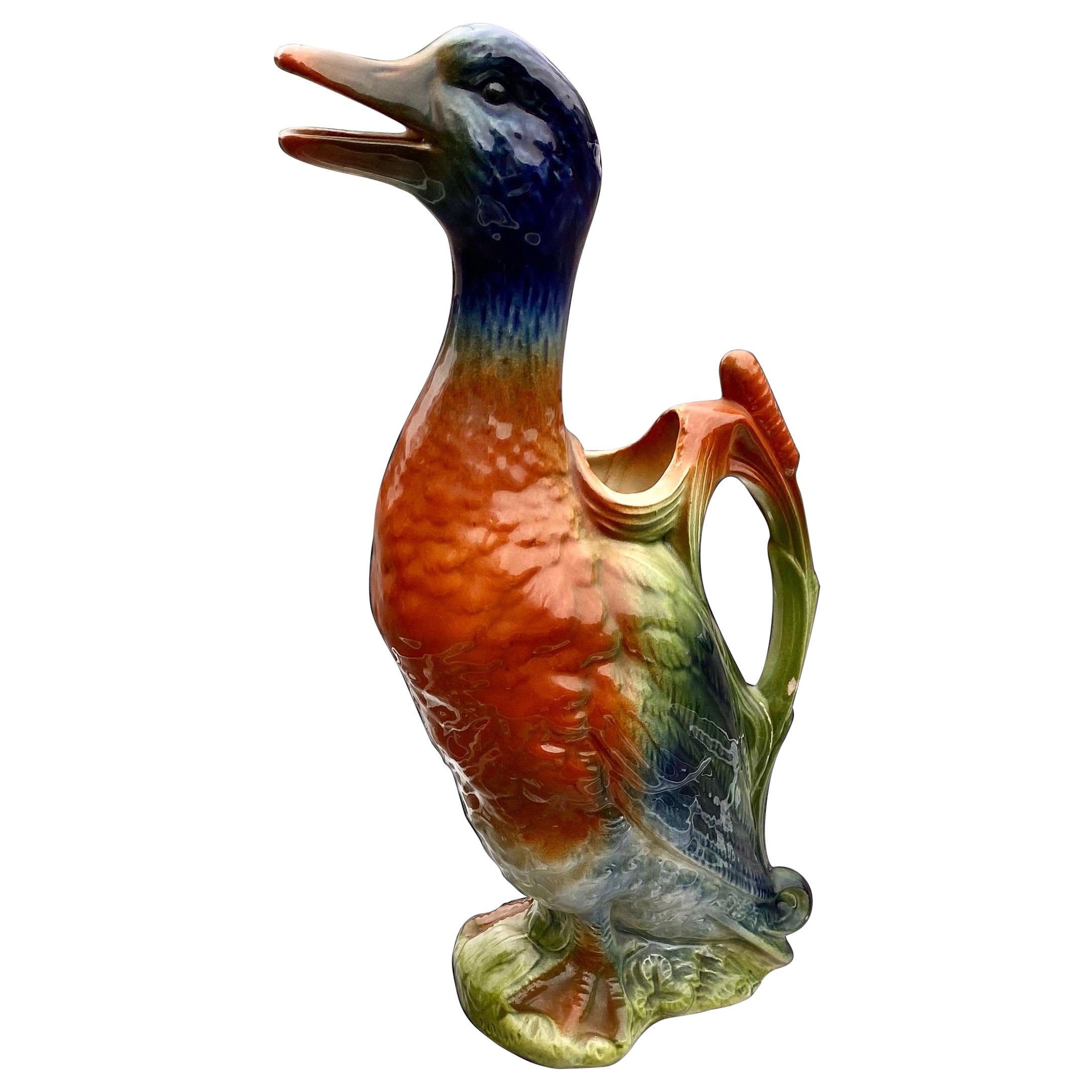 Antique French Saint Clement Majolica Mallard Drake Pitcher For Sale