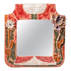 Large Xxth Century Red and White Ceramic Wall Mirror by Duchateau Vallauris 1950