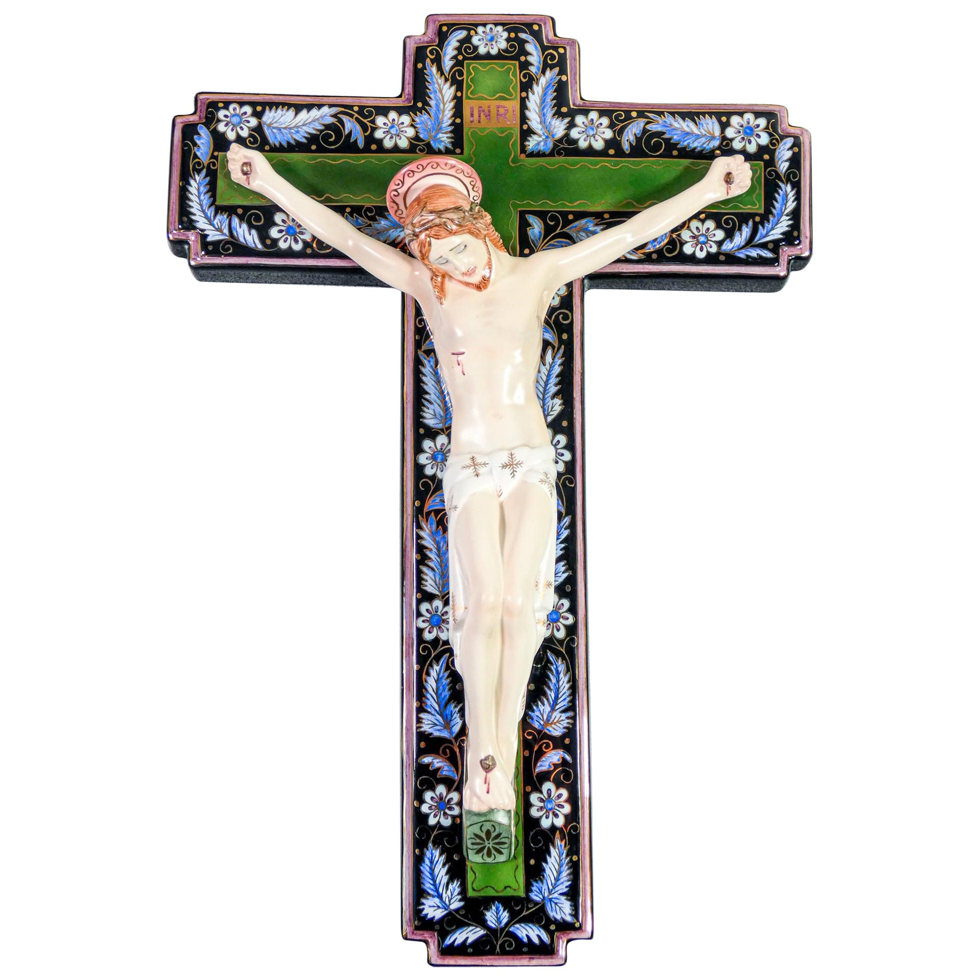 Lenci Hand Painted Ceramic Crucifix, Decorator Maria Balossi, Turin, Italy 1930s For Sale