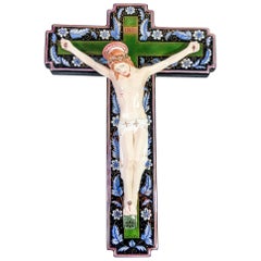 Vintage Lenci Hand Painted Ceramic Crucifix, Decorator Maria Balossi, Turin, Italy 1930s