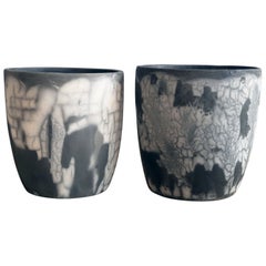 Seicho 2 Pack Raku Planter Pot Pottery - Smoked Raku - Handmade Ceramic