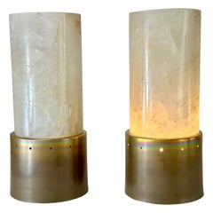 Used Late 20th Century Pair of Round Brass & White Rock Crystal Stone Table Lamps