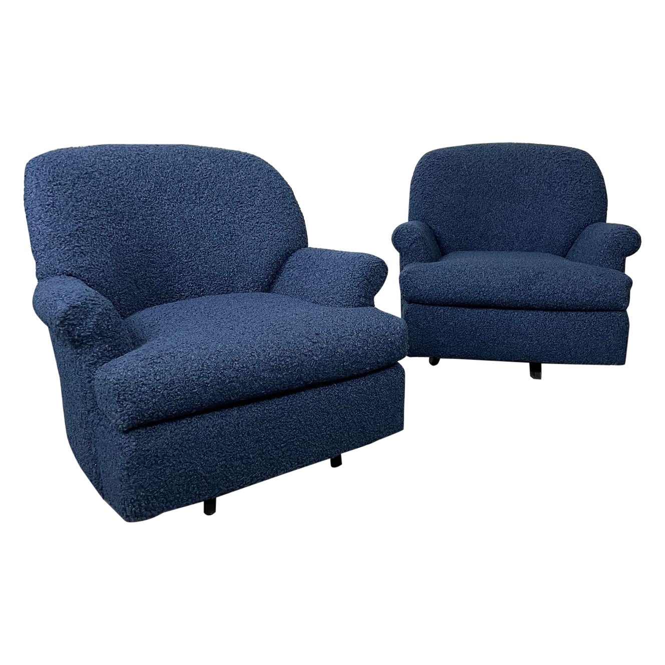 Pair of Mid-Century Modern Scroll Arm Swivel Lounge / Arm Chairs, Faux Shearling For Sale
