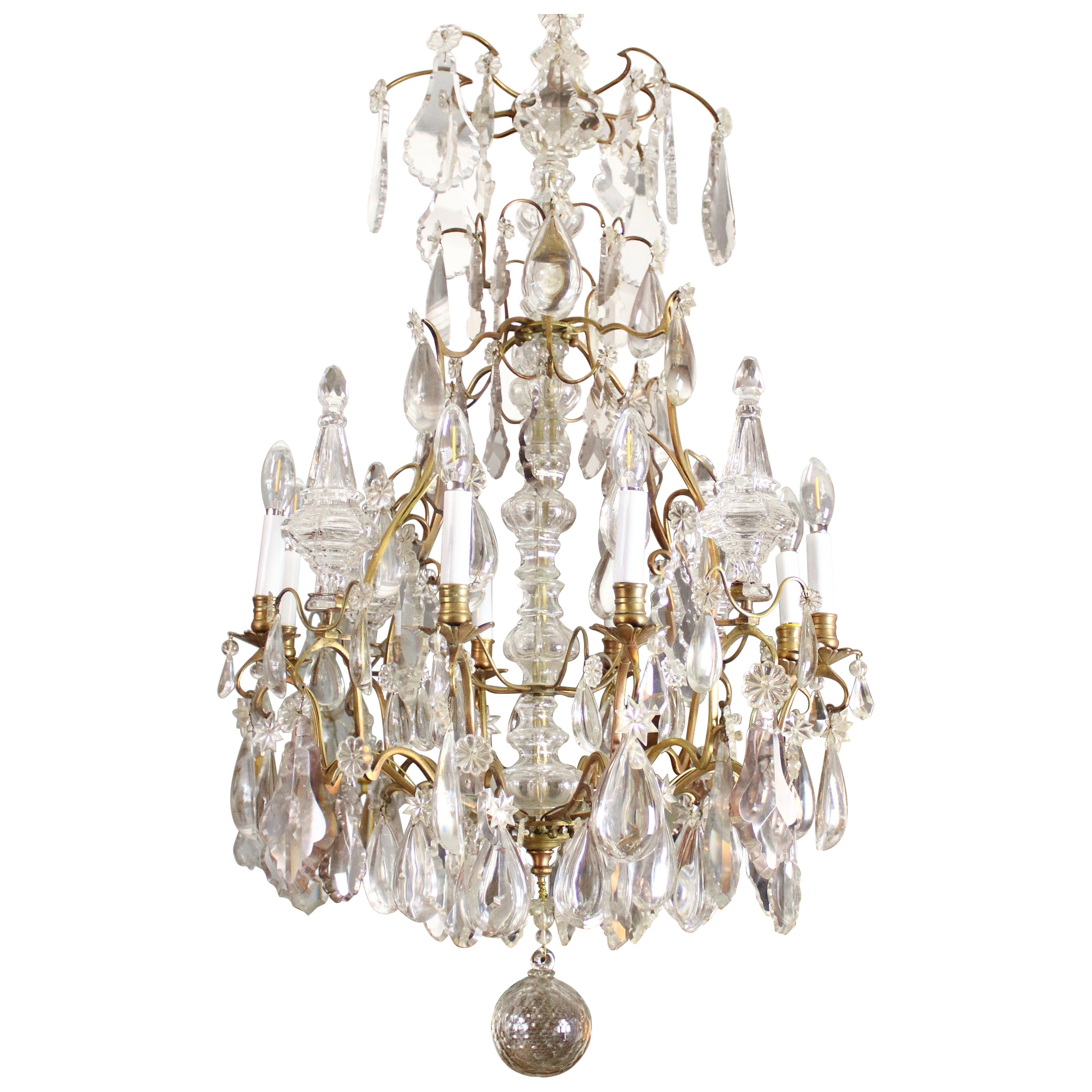 Large French Louis XV 8-Light Crystal Glass and Bronze Chandelier, ca. 1860