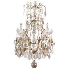 Large French Louis XV 8-Light Crystal Glass and Bronze Chandelier, ca. 1860