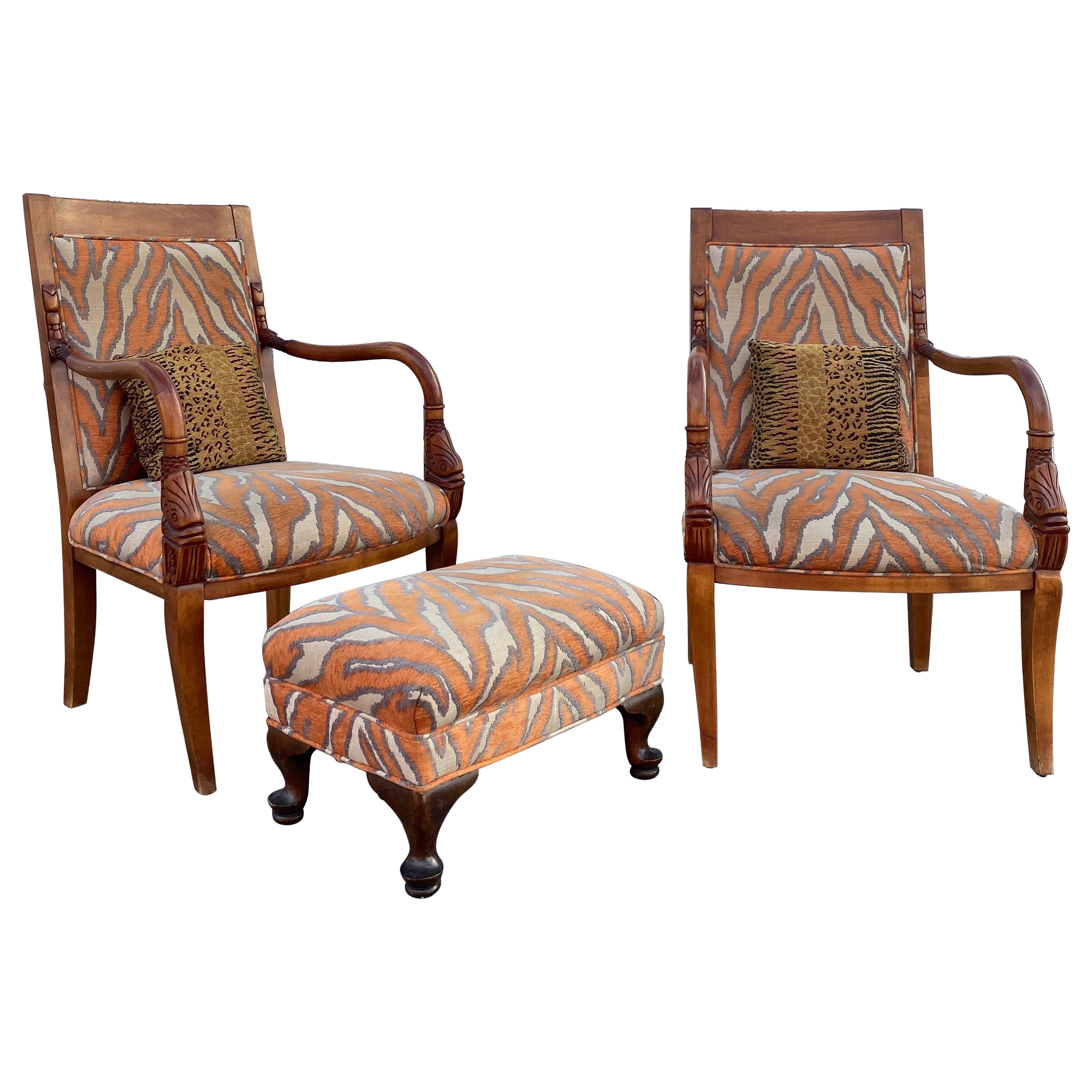 1970s Carved Wood Gold Fish Zebra Bentwood Chairs and Ottoman, Set of 3 For Sale