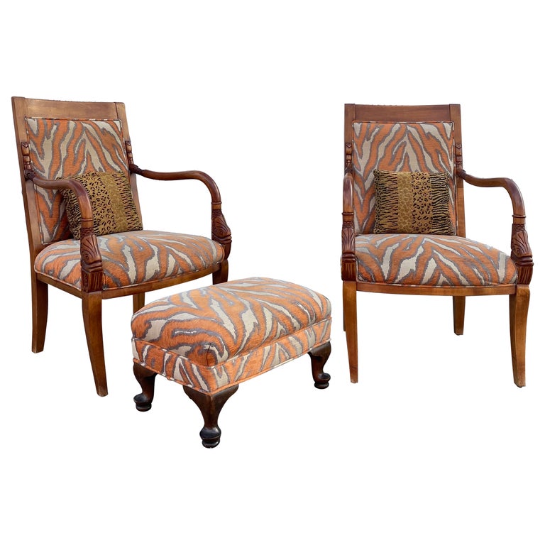 1970s Carved Wood Gold Fish Zebra Bentwood Chairs and Ottoman, Set of 3