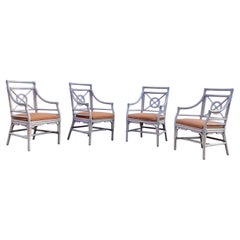 1970s, McGuire Target Style Rattan Dining Side Armchairs, Set of 4