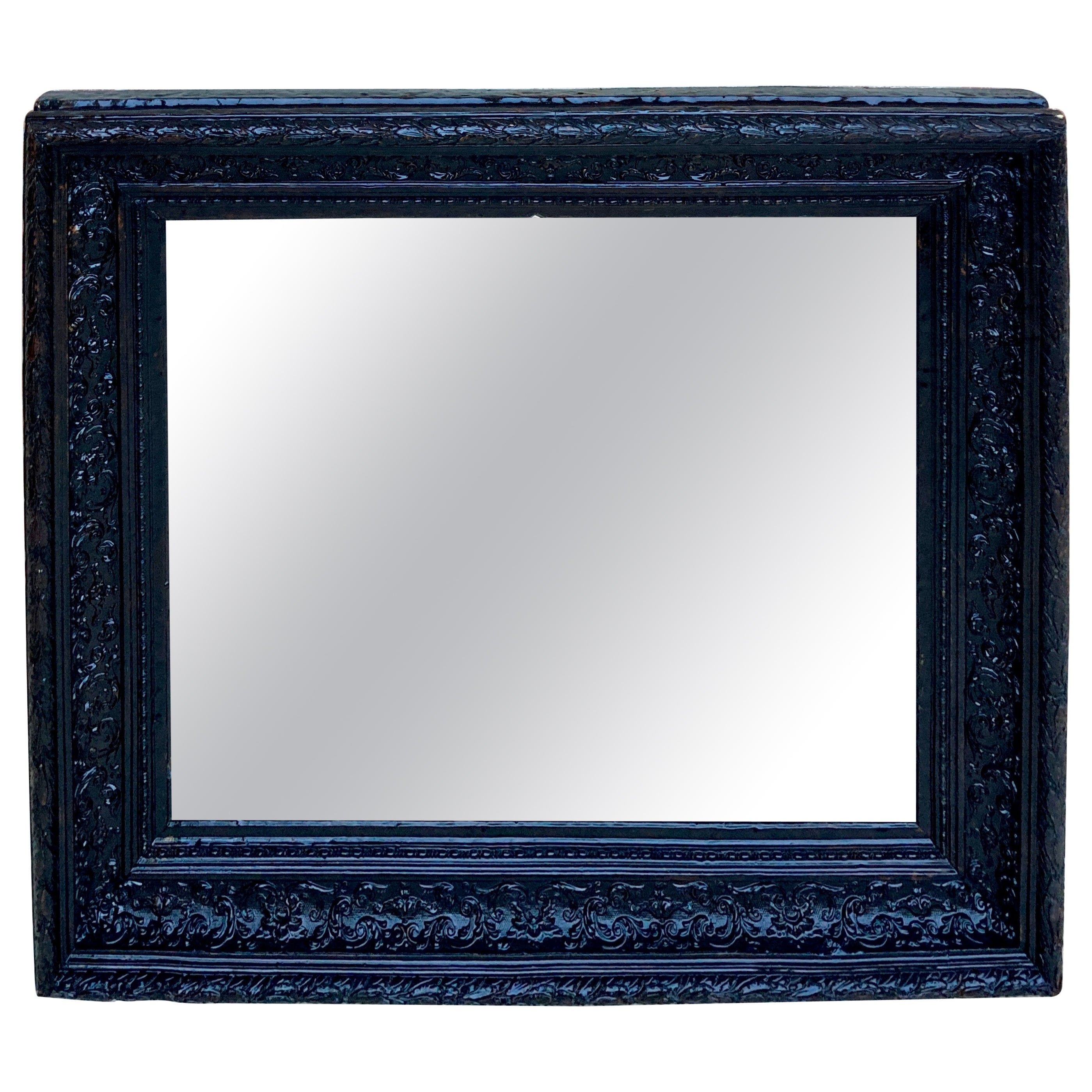 French Dark Framed Carved Wood Wall Mirror, 1920 For Sale