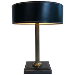 Retro Black Leather and Brass Desk Lamp in the Style of Jacques Adnet