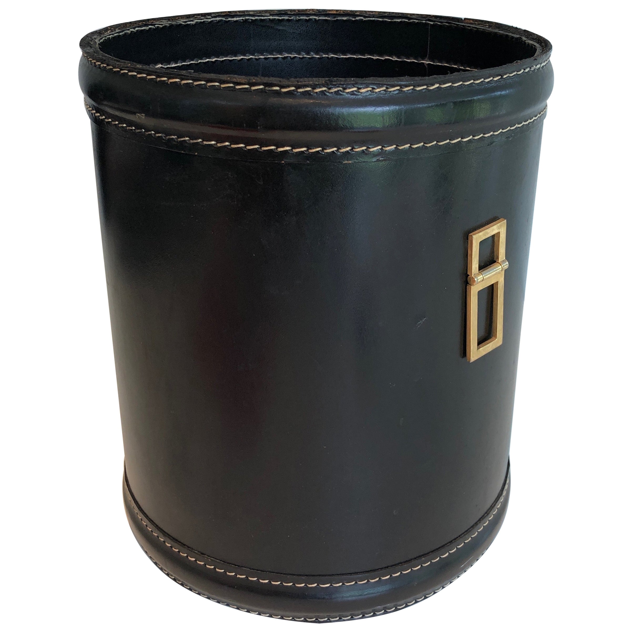 Black Leather and Brass Waste Paper Basket in the Style of Jacques Adnet