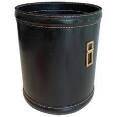 Black Leather and Brass Waste Paper Basket in the Style of Jacques Adnet