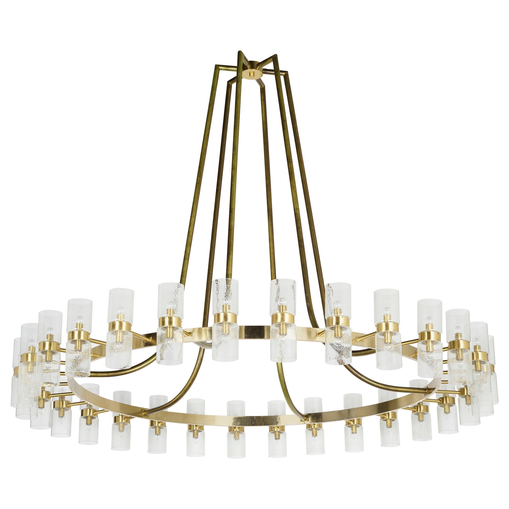 Norwegian Designer, Monumental Chandelier, Brass, Glass, Norway, C. 1965