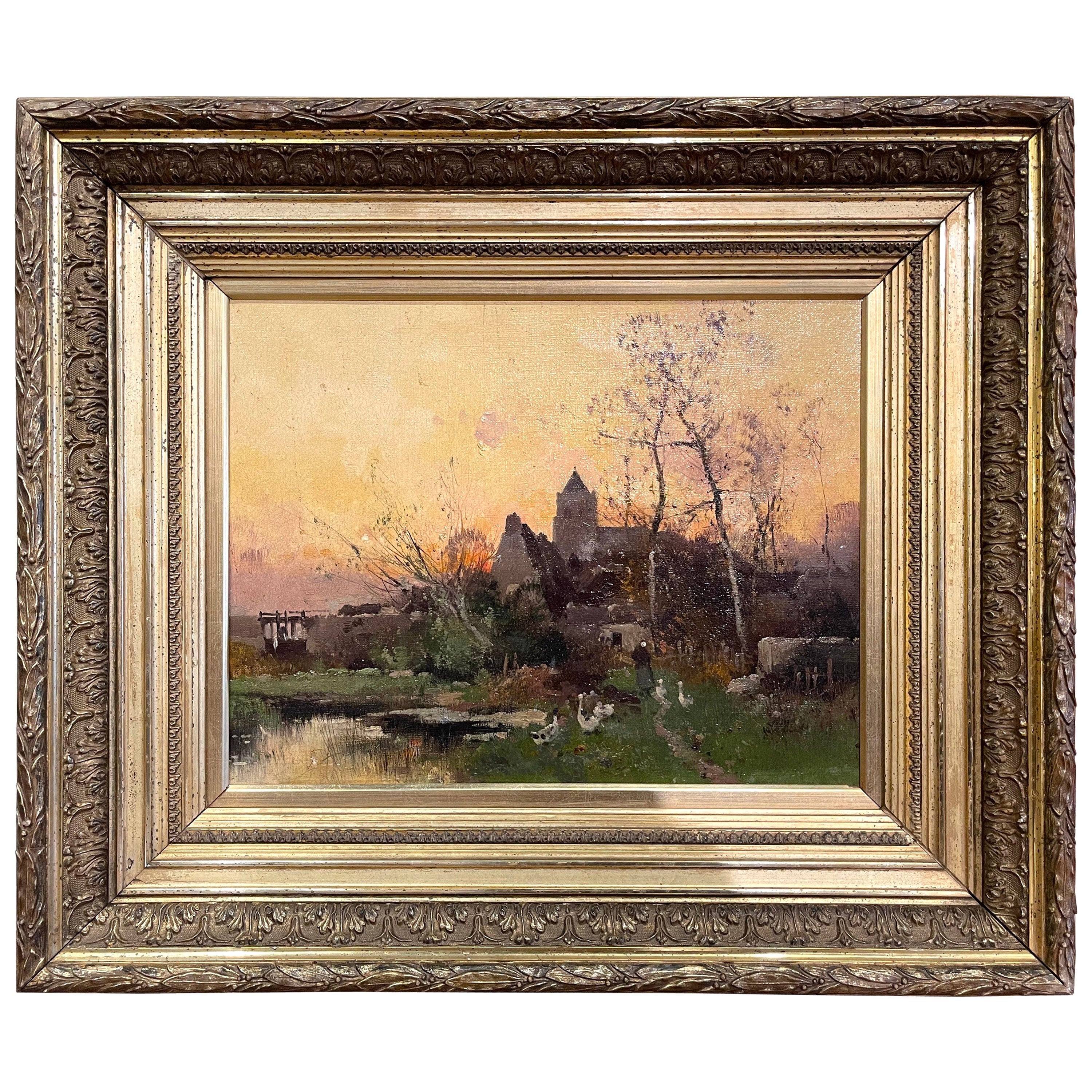 19th Century Pastoral Oil Painting in Carved Gilt Frame Signed E. Galien-Laloue