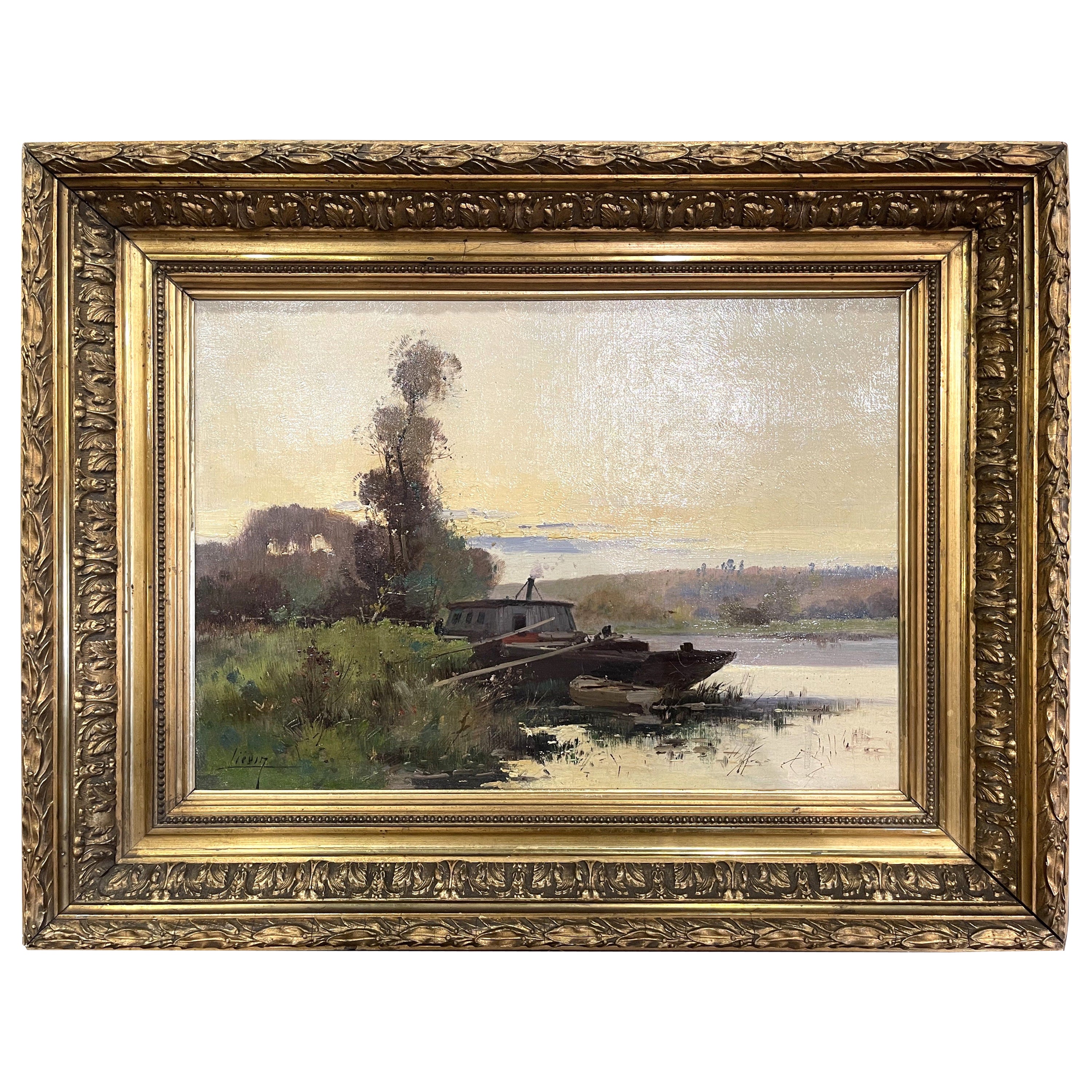 19th Century Oil Painting in Carved Gilt Frame Signed Lievin for E Galien-Laloue