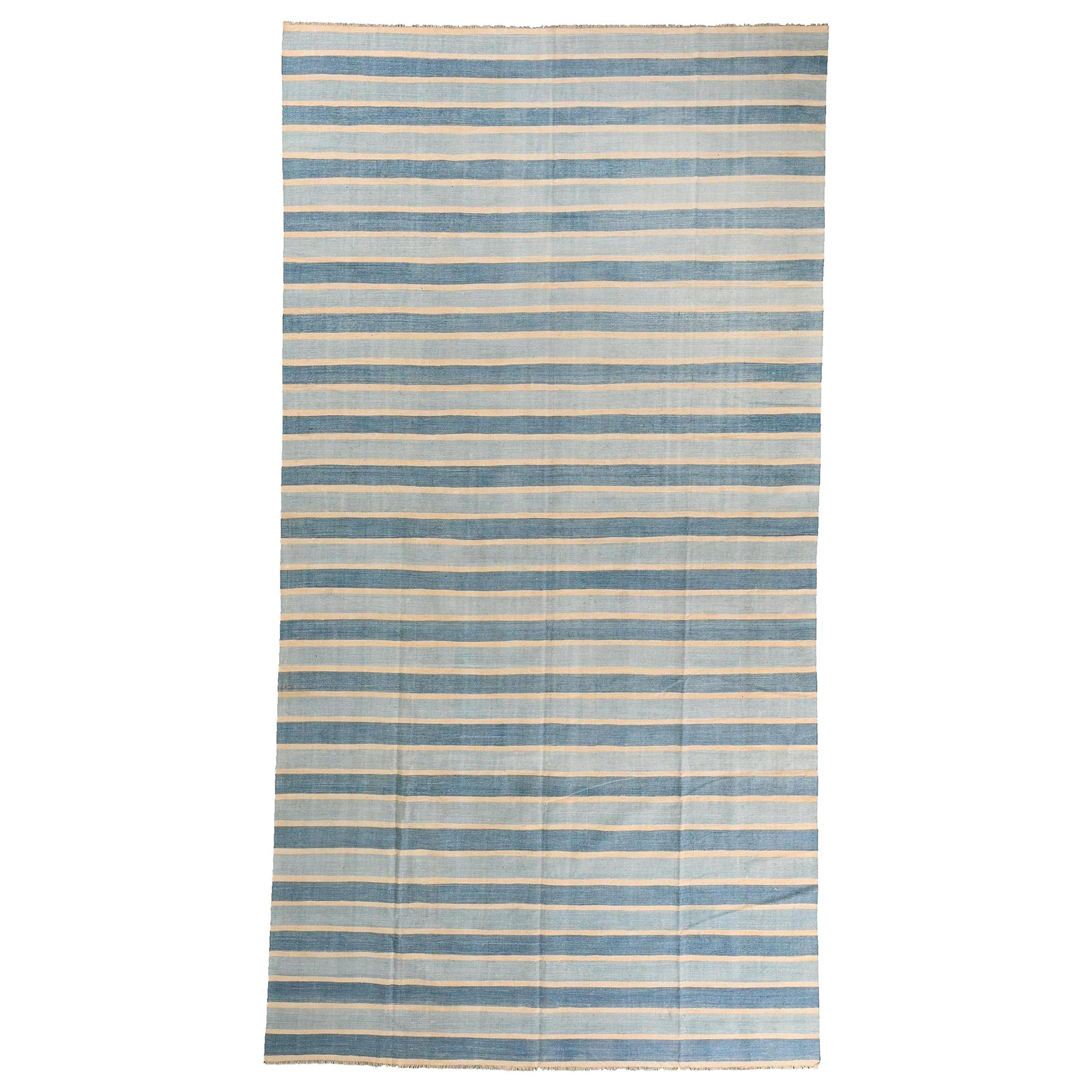Vintage Dhurrie Flat Weave in Blue Stripes by Rug & Kilim For Sale