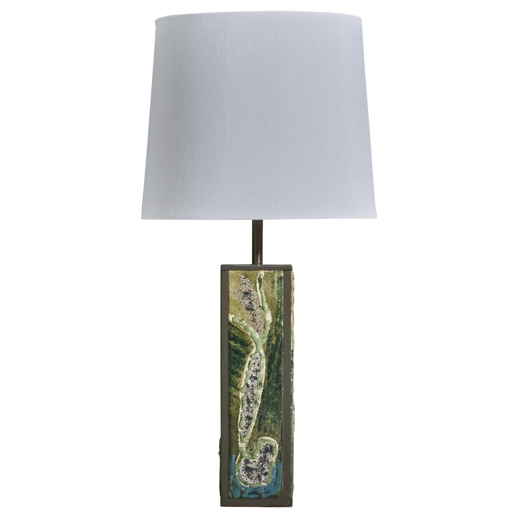  Danish Designer, Table Lamp, Green Glazed Stoneware, Metal, Denmark, 1950s For Sale