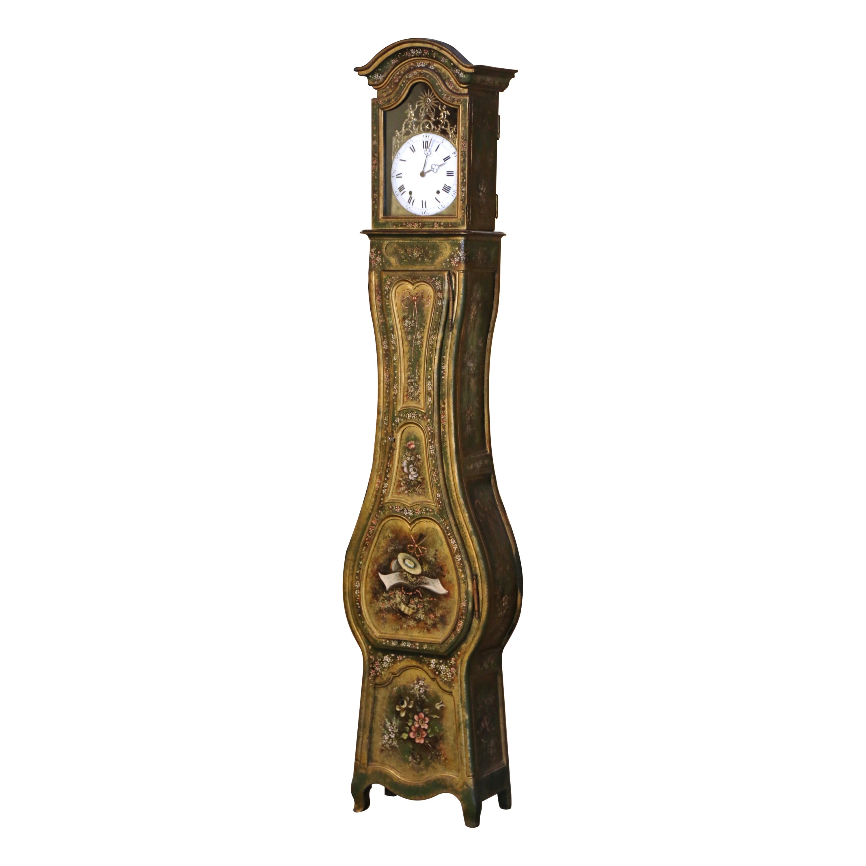 18th Century, French, Louis XV Provencal Carved Hand Painted Grandfather Clock